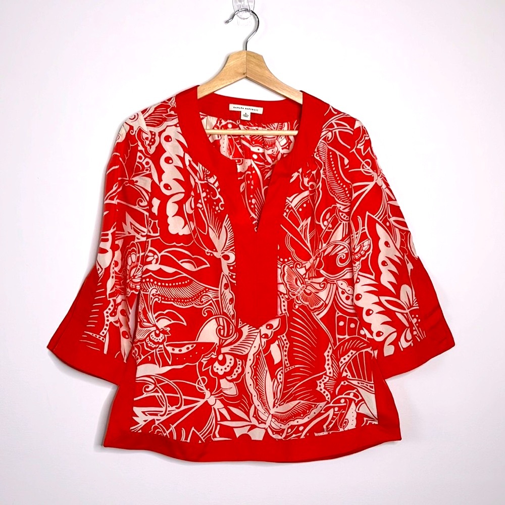 BANANA REPUBLIC Coral/White Silk Split Sleeve Boho Tunic Size‎ Small